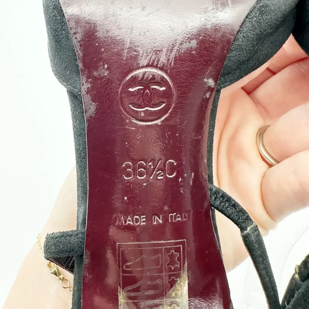 Chanel Slingback Heels 36.5 Black Suede Gold Cap Toe Vintage CC Logo Block Heel - Picture 5 of 9